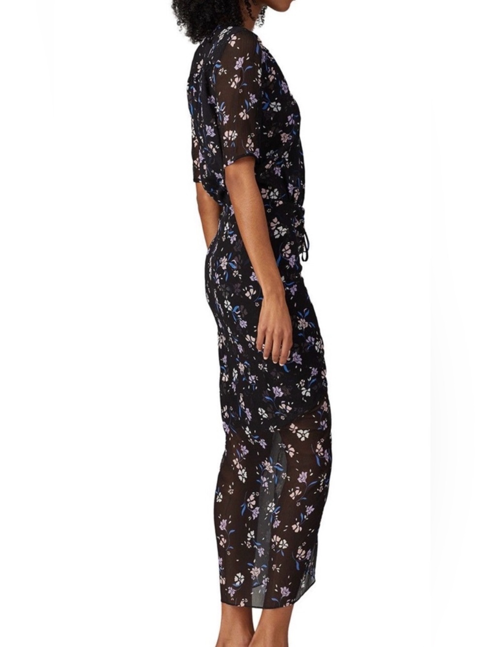 Veronica Beard Silk Mariposa Black Floral Semi Sheer Ruched Midi Dress Sz 8 - Picture 3 of 14